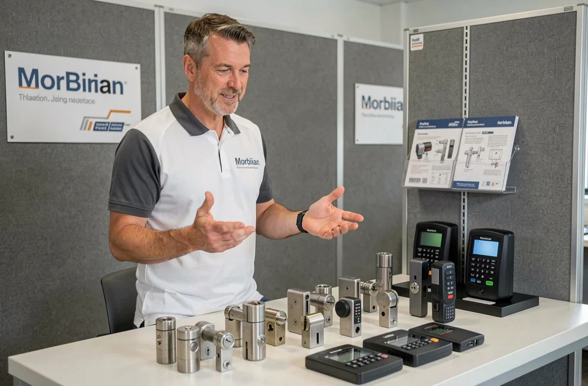 Spécialiste d'ABDS présentant des cylindres haute sécurité et des interfaces d'alarme dans un showroom professionnel moderne du Morbihan