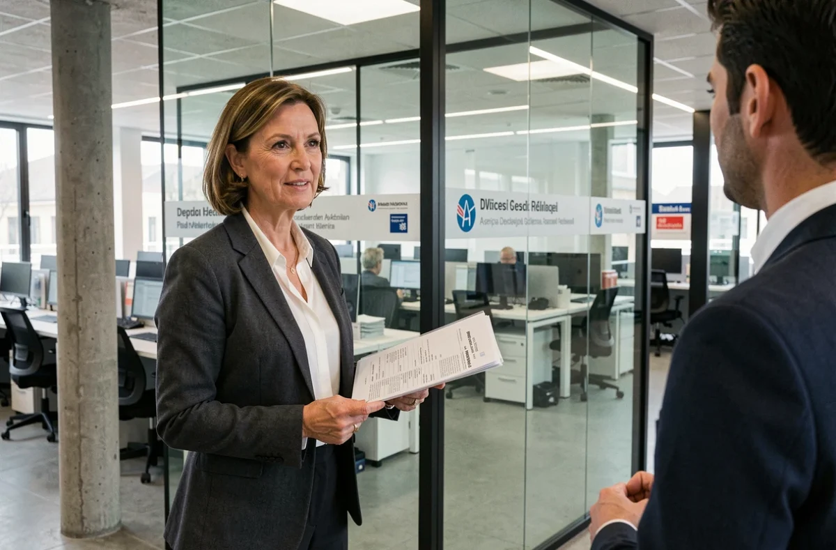 Adjointe au maire dans un bureau municipal moderne tenant des documents budgétaires officiels lors d'une réunion administrative