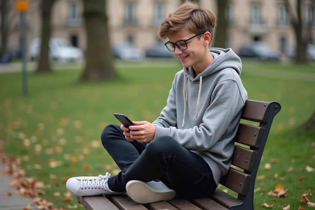 Adolescent souriant lisant manga dans un parc urbain