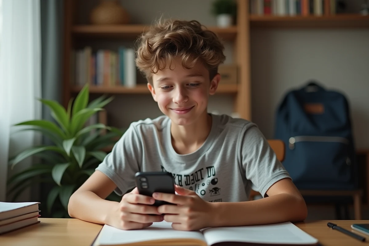 Adolescent concentré sur son smartphone en train d'envoyer un snap pour maintenir une flamme Snapchat