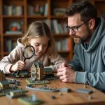 Adolescente et son père passionnés par la miniature, examinant des maquettes et figurines sur une table en bois dans un salon chaleureux