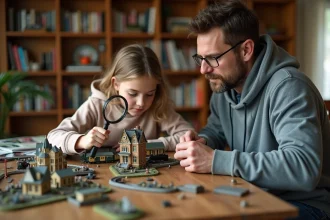 Adolescente et son père passionnés par la miniature, examinant des maquettes et figurines sur une table en bois dans un salon chaleureux