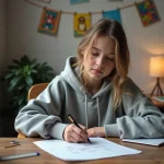 Adolescente concentrée dessinant du pixel art facile sur du papier quadrillé dans une chambre cosy, idéal pour apprendre la concentration