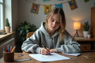 Adolescente concentrée dessinant du pixel art facile sur du papier quadrillé dans une chambre cosy, idéal pour apprendre la concentration