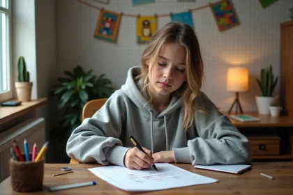 Adolescente concentrée dessinant du pixel art facile sur du papier quadrillé dans une chambre cosy, idéal pour apprendre la concentration