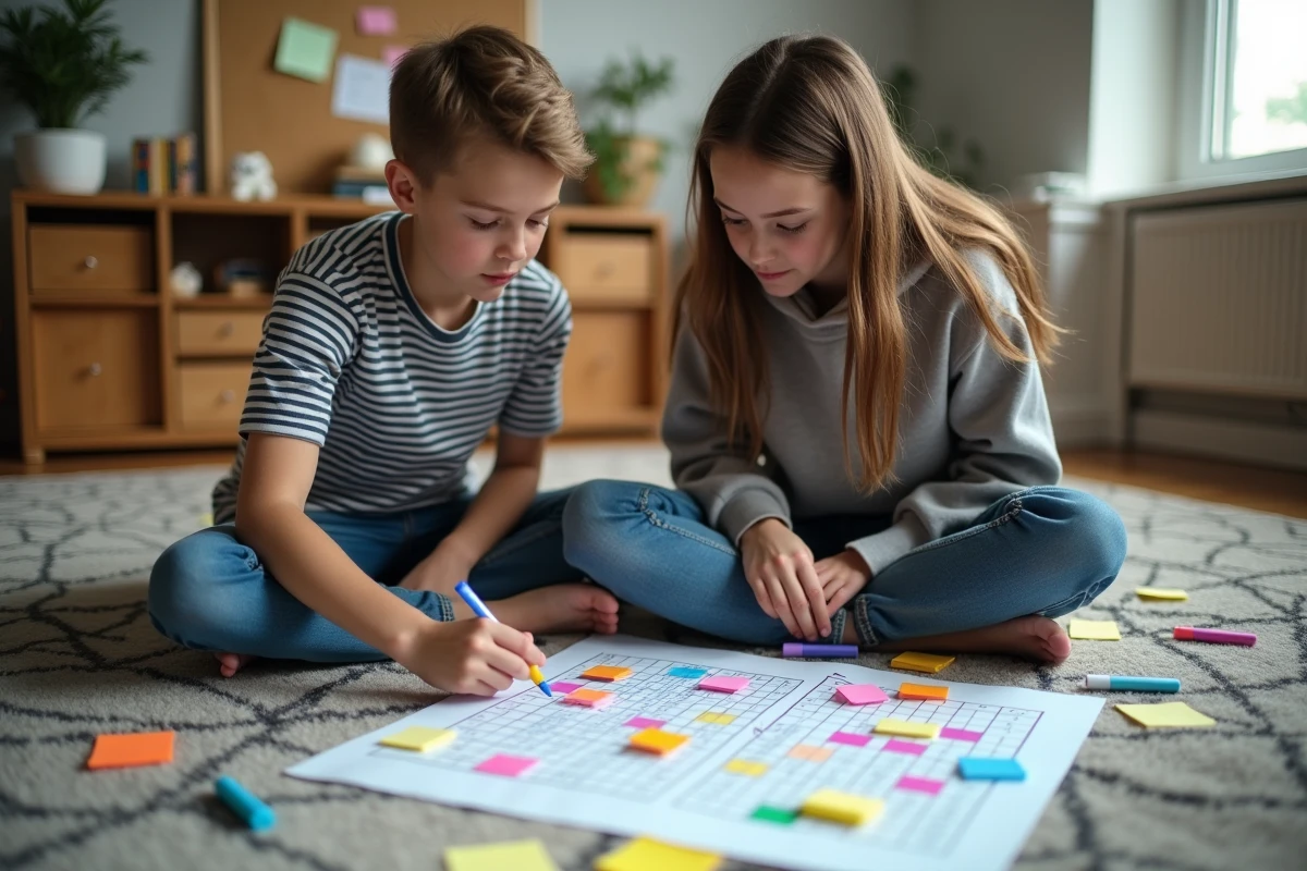 Deux adolescents collaborant pour résoudre des énigmes logiques difficiles entourés de fiches et de marqueurs colorés