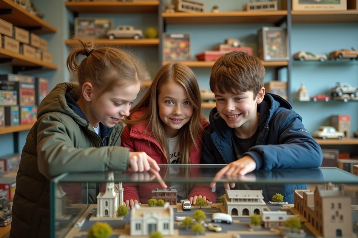 Groupe d'adolescents fascinés devant une vitrine de figurines miniatures et maquettes dans une boutique de hobby spécialisée