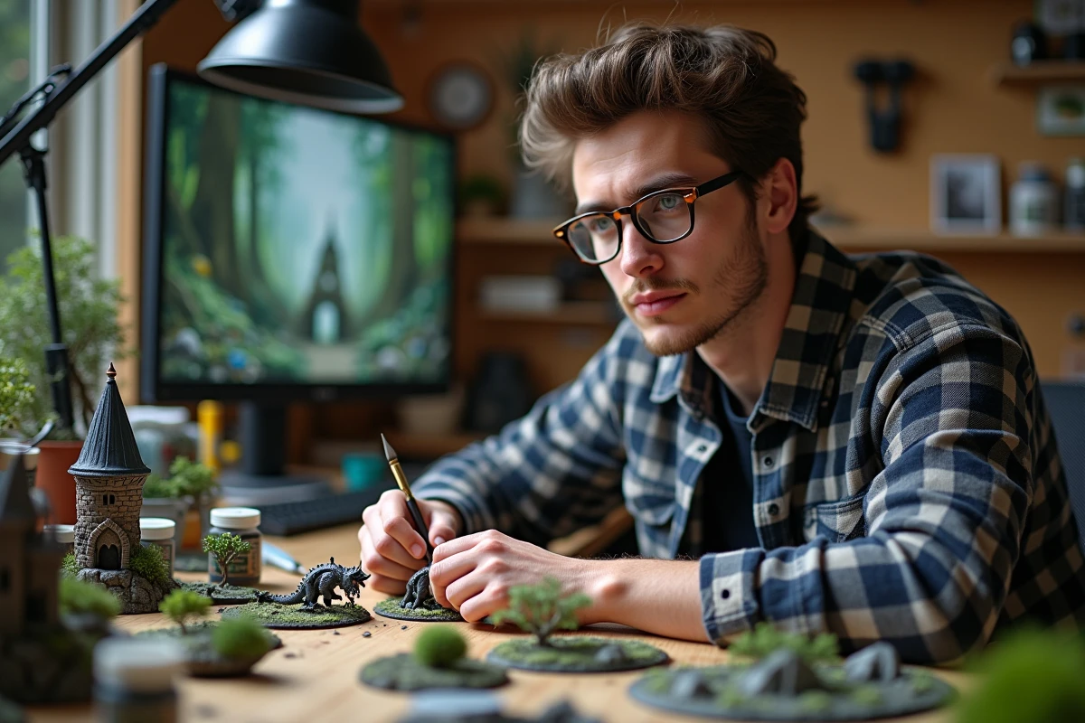 Jeune homme adulte peignant avec précision une figurine miniature fantastique dans un atelier de hobby personnel bien équipé