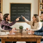 Groupe d'adultes jouant au jeu du pendu autour d'une table en bois avec un tableau noir