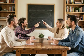 Groupe d'adultes jouant au jeu du pendu autour d'une table en bois avec un tableau noir