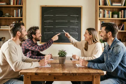 Groupe d'adultes jouant au jeu du pendu autour d'une table en bois avec un tableau noir