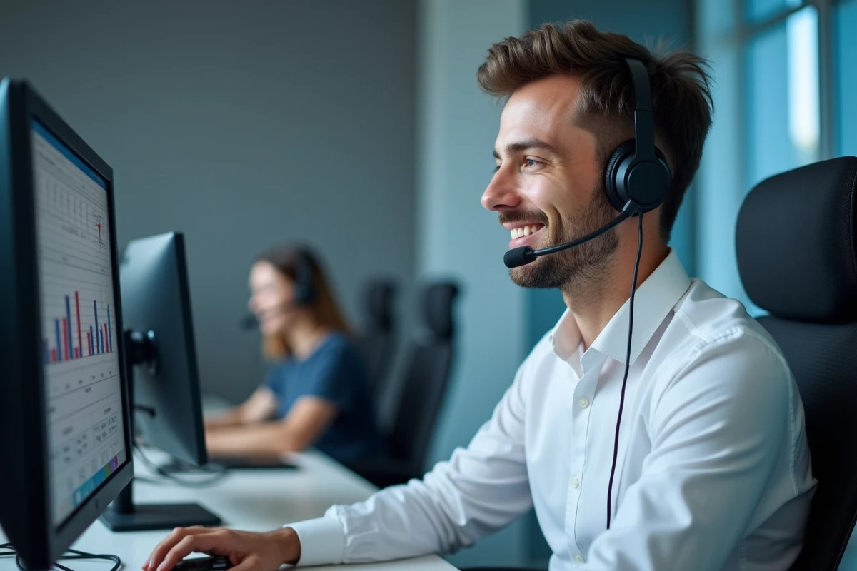 Agent de service client avec casque téléphonique dans un centre d'appels professionnel gérant les numéros 0270