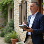 Agent immobilier inspectant façade en pierre d'une maison ancienne