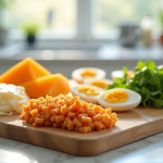 Sélection d'aliments riches en vitamine K2 sur un plan de travail