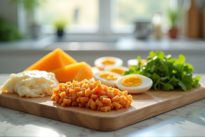 Sélection d'aliments riches en vitamine K2 sur un plan de travail