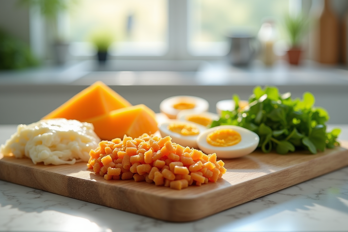 Sélection d'aliments riches en vitamine K2 sur un plan de travail
