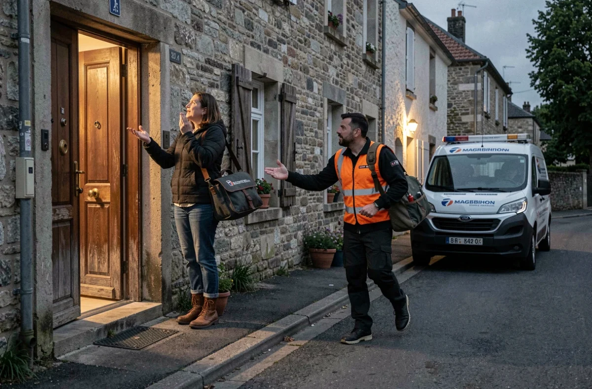 Technicien d'ALLO DEPANNAGE MULTISERVICES en gilet haute visibilité intervenant en urgence chez un habitant du Morbihan avec son van de service