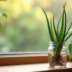 Aloe vera fraîche dans un verre d'eau sur une fenêtre en bois