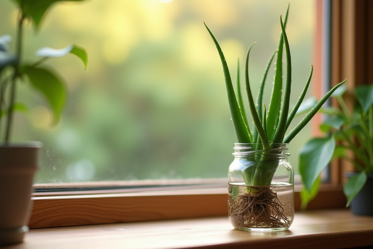 Aloe vera fraîche dans un verre d'eau sur une fenêtre en bois