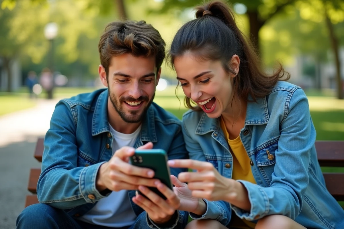 Deux amis adultes découvrant une erreur stratégique dans un combat Pokémon type Psy sur smartphone dans un parc urbain