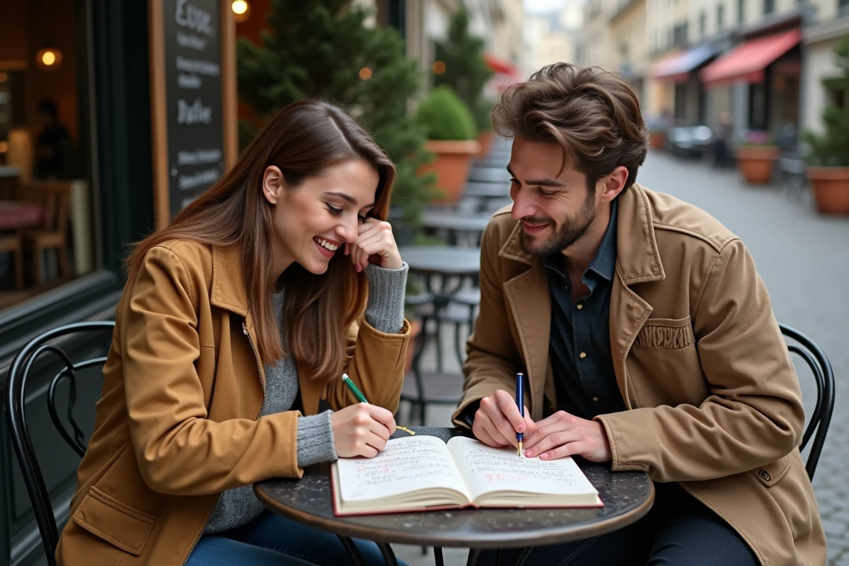 Deux amis jouant à un jeu de mots autour d'un cahier dans un café parisien en terrasse