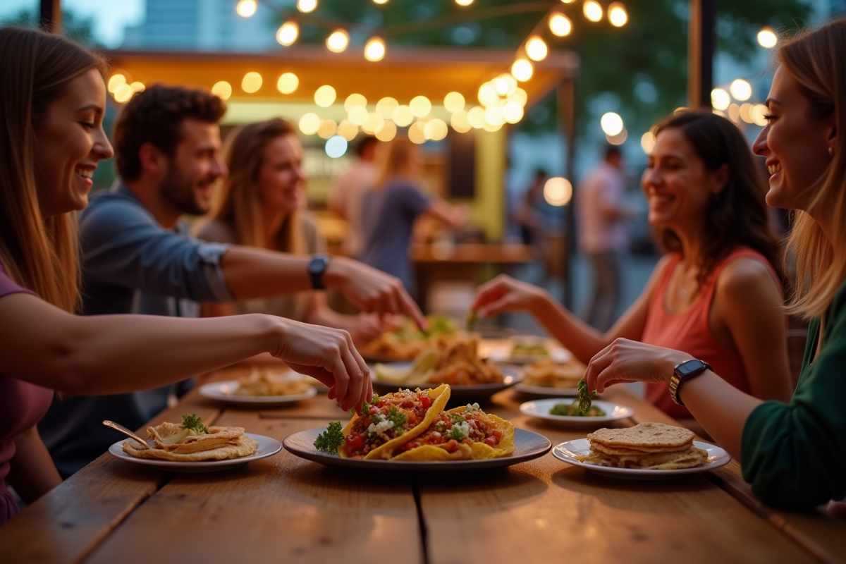 Groupe d amis dégustant tacos et naans dans un parc de food trucks