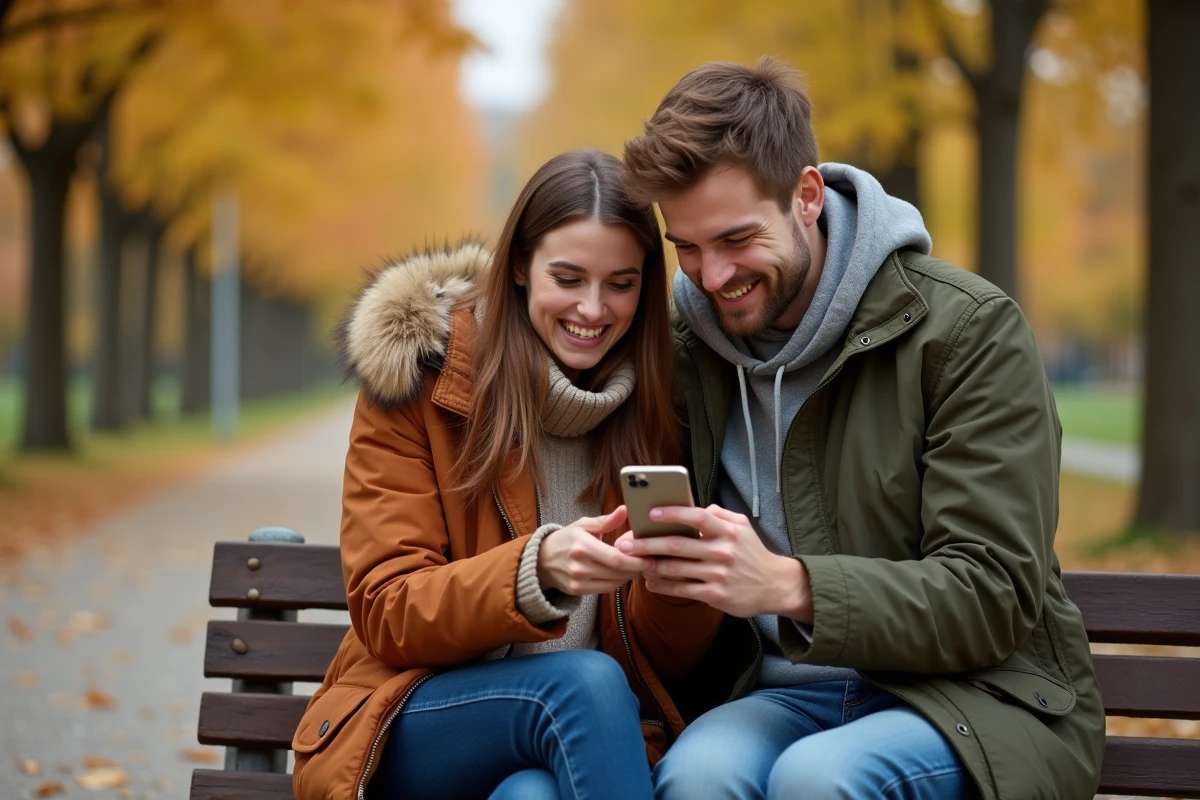 Deux amis assis sur un banc de parc regardant un smartphone affichant des notifications de dés gratuits Monopoly GO