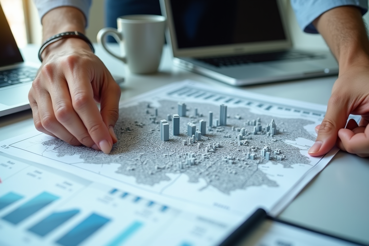 Mains analysant une carte urbaine avec documents financiers et ordinateur