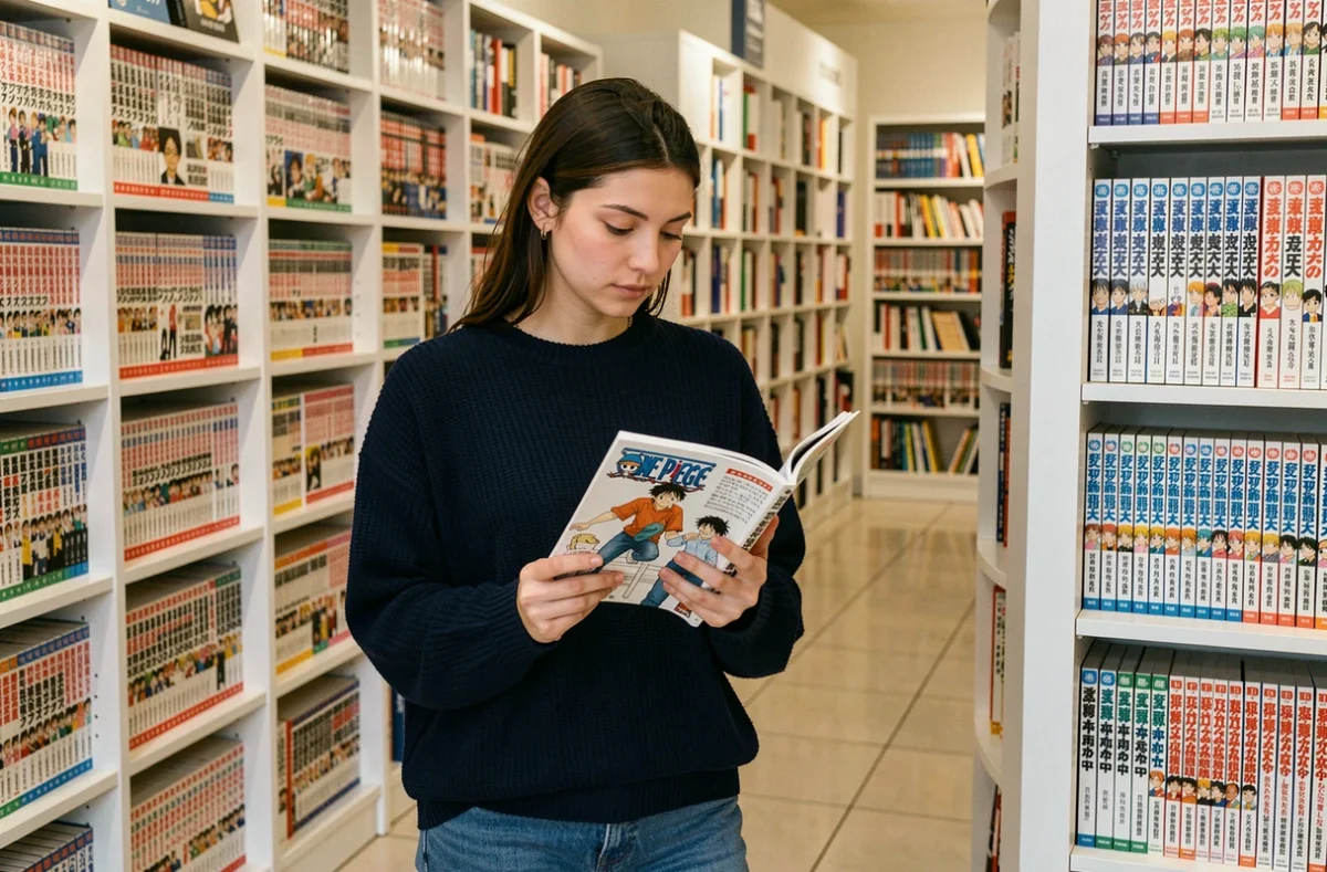 Jeune femme analysant les premières impressions du scan One Piece 1141 dans une librairie manga