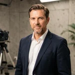 Animateur télévision français souriant en coulisses d'un studio parisien moderne, portrait éditorial