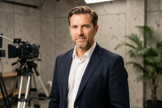 Animateur télévision français souriant en coulisses d'un studio parisien moderne, portrait éditorial