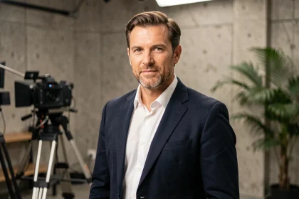 Animateur télévision français souriant en coulisses d'un studio parisien moderne, portrait éditorial
