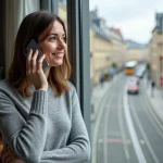Femme utilisant un smartphone pour passer un appel international vers la Suisse avec l'indicatif pays 41