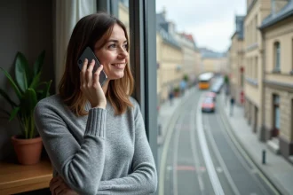 Femme utilisant un smartphone pour passer un appel international vers la Suisse avec l'indicatif pays 41