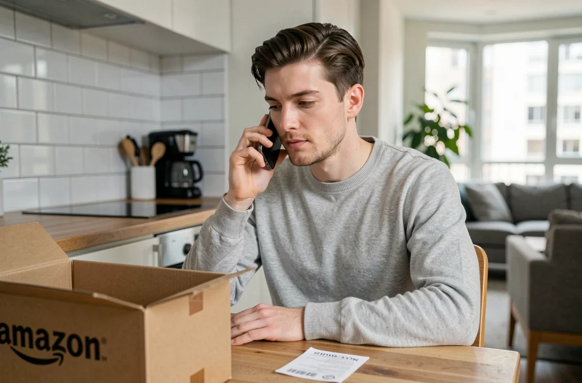 Personne appelant le service livraison Amazon depuis sa cuisine avec un colis ouvert sur la table