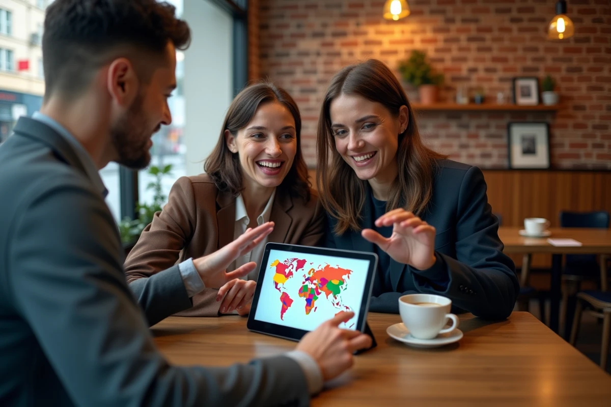 Deux personnes consultant une application interactive de comparaison de superficies de pays sur une tablette dans un café urbain