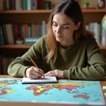 Jeune femme étudiant la superficie des pays sur une carte du monde posée sur un bureau en bois, entourée de livres de géographie et de notes manuscrites