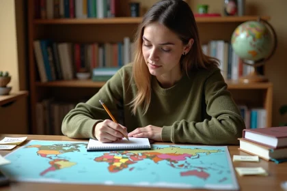Jeune femme étudiant la superficie des pays sur une carte du monde posée sur un bureau en bois, entourée de livres de géographie et de notes manuscrites