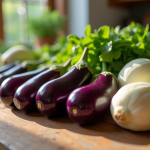 Aubergines et endives fraîches sur une table en bois