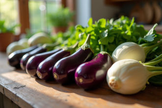 Aubergines et endives fraîches sur une table en bois
