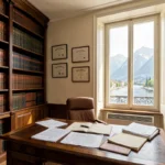 Cabinet d'avocats à Annecy avec bibliothèque juridique, bureau en bois et vue sur les canaux de la ville