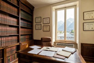 Cabinet d'avocats à Annecy avec bibliothèque juridique, bureau en bois et vue sur les canaux de la ville