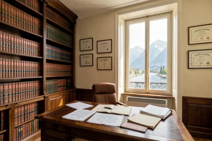 Cabinet d'avocats à Annecy avec bibliothèque juridique, bureau en bois et vue sur les canaux de la ville