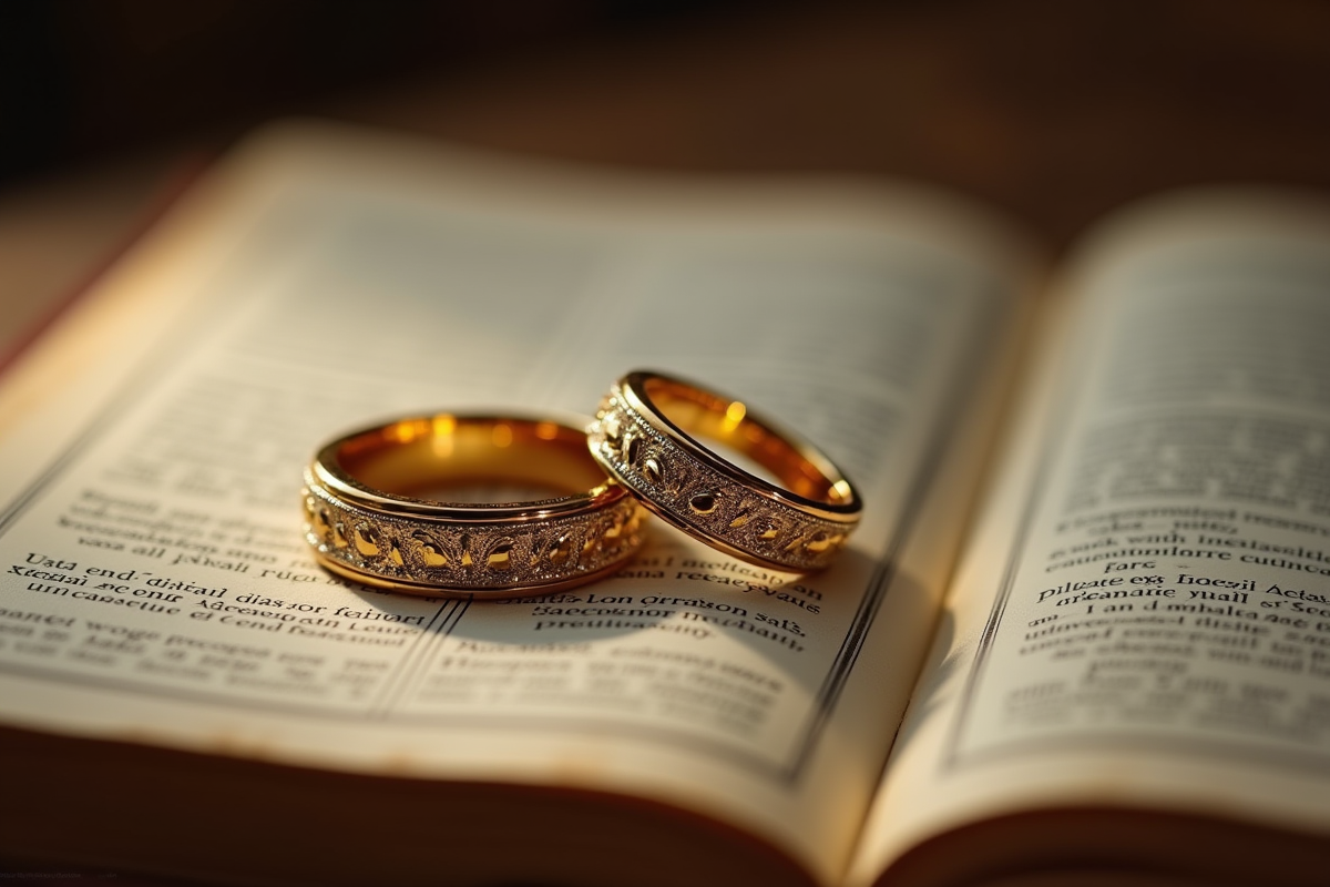 Bagues de mariage royales sur livre de généalogie ancien