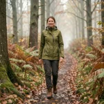 Randonneuse sur un sentier forestier en forêt de Mormal en automne, entourée de chênes et de fougères