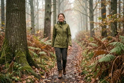 Randonneuse sur un sentier forestier en forêt de Mormal en automne, entourée de chênes et de fougères