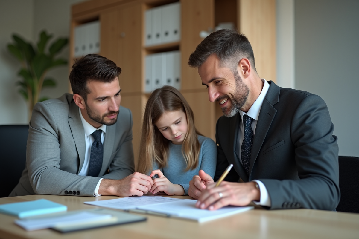 Banquier aidant une famille à remplir un formulaire