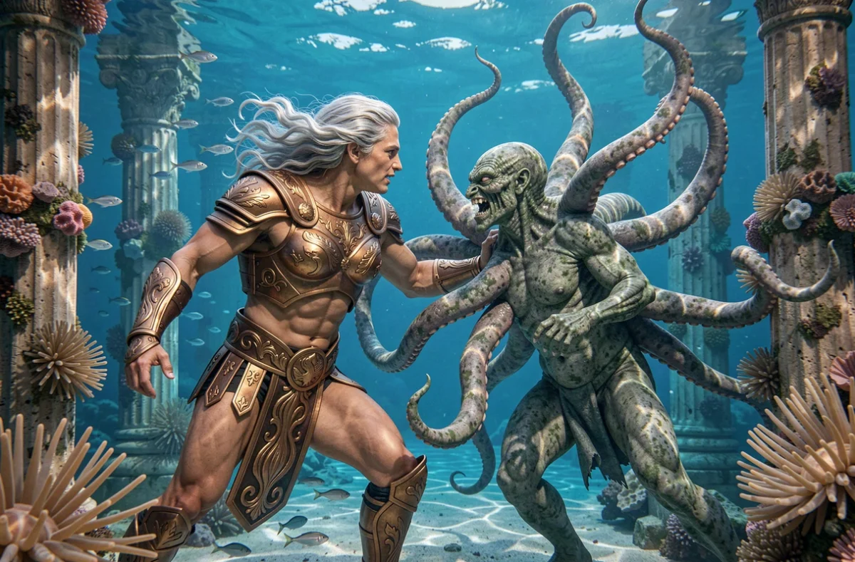 Bataille sous-marine entre un dieu grec de la mer et un monstre tentaculaire parmi des ruines antiques englouties