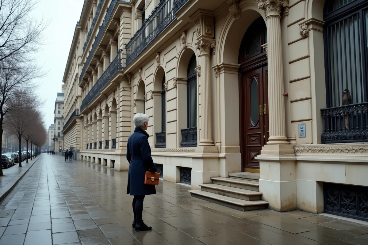 Facade d'un bâtiment institutionnel parisien classique avec une femme élégante sur les marches, évoquant le prestige académique et les secrets d'une fortune patrimoniale