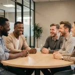 Collègue de travail à l'écart lors d'une blague raciste au bureau, illustrant le malaise et l'exclusion en milieu professionnel